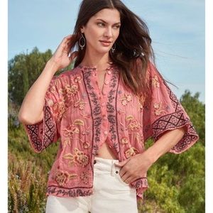 Johnny Was Mulane Embroidered Blouse Top Coral with Floral Embroidery